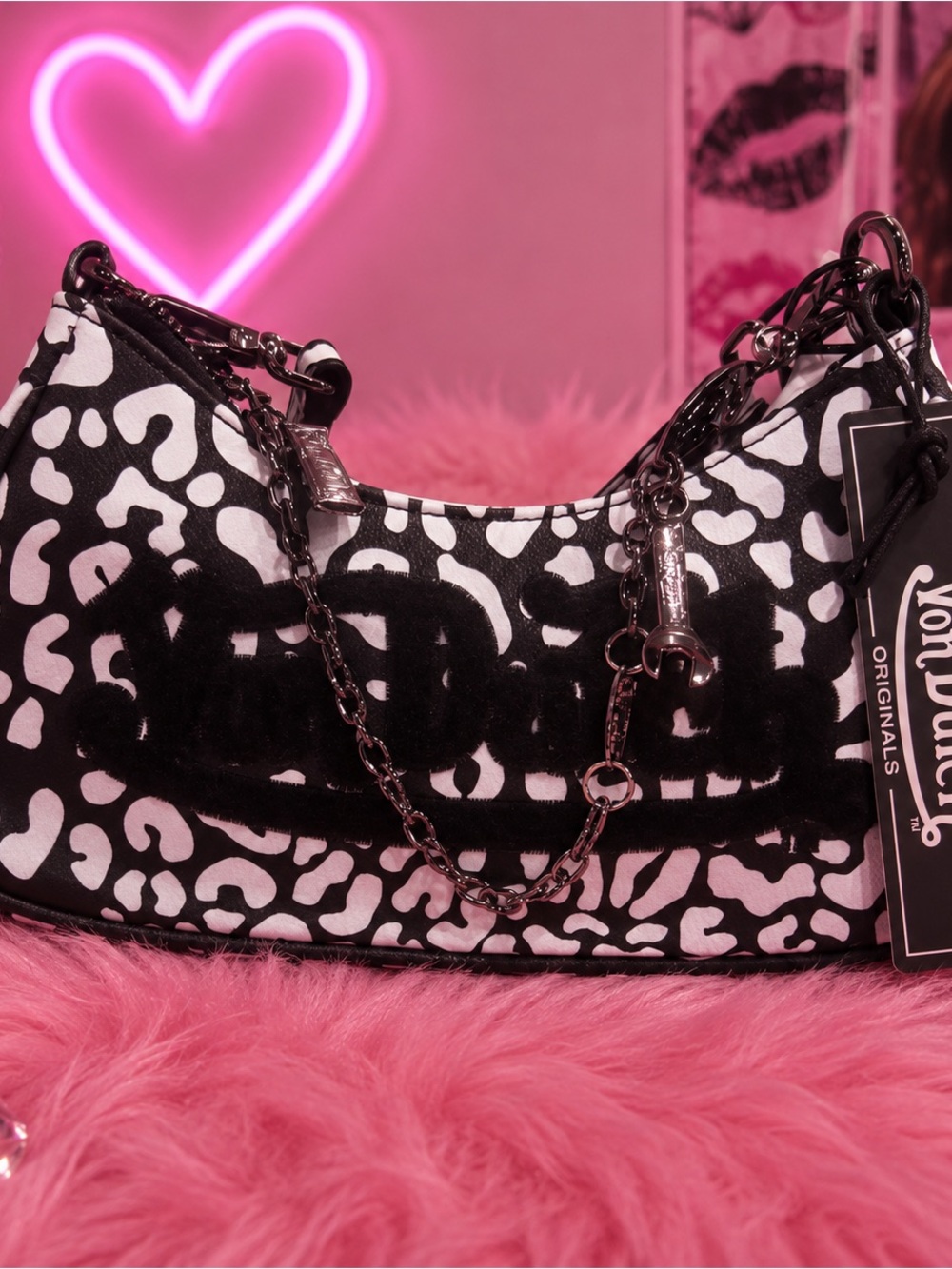 Von Dutch Black and White Leopard Print Shoulder Bag with Chain